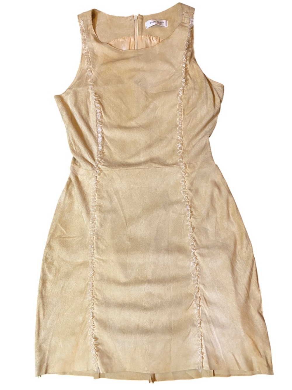 Blue Deep Italy Vintage Tan Beige Genuine Suede Ruffle Shift Mini Dress 40 / 4